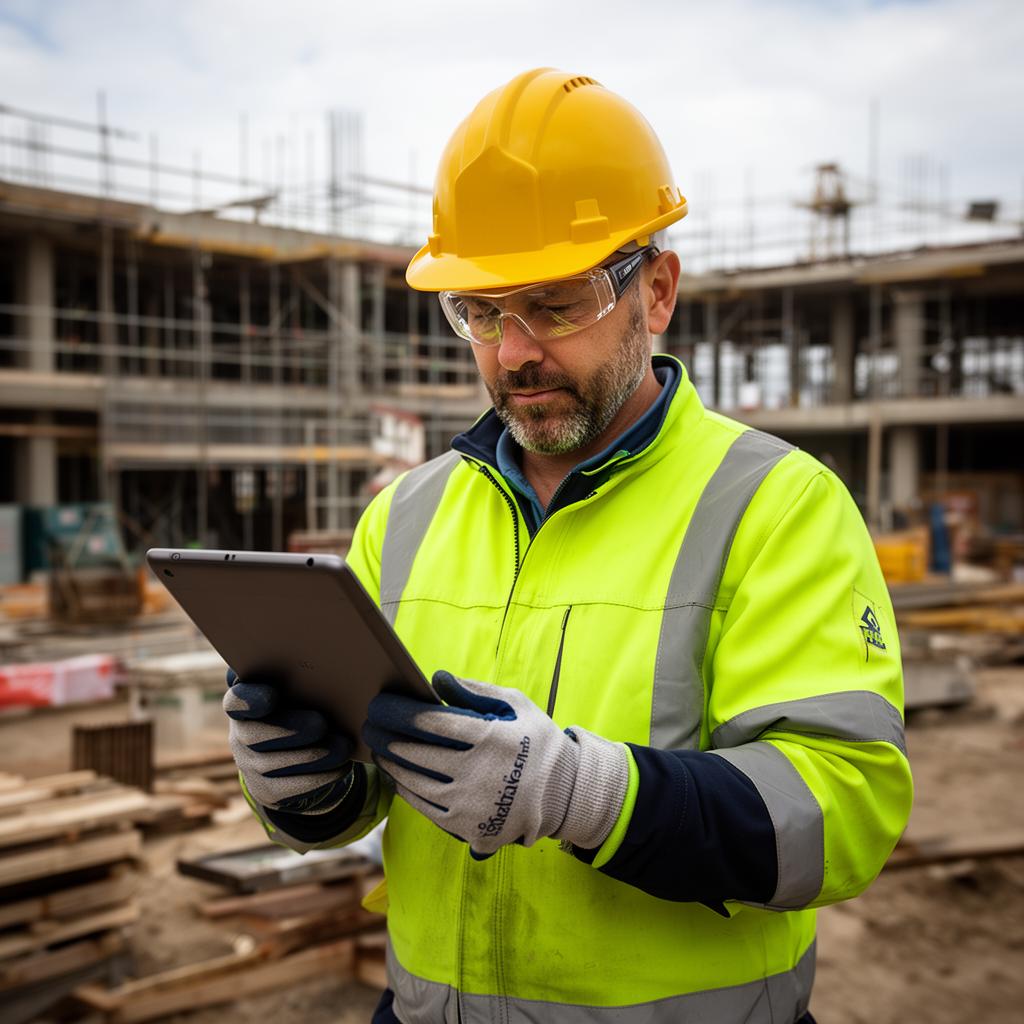 Operatore di cantiere con DPI: casco, occhiali, gilet