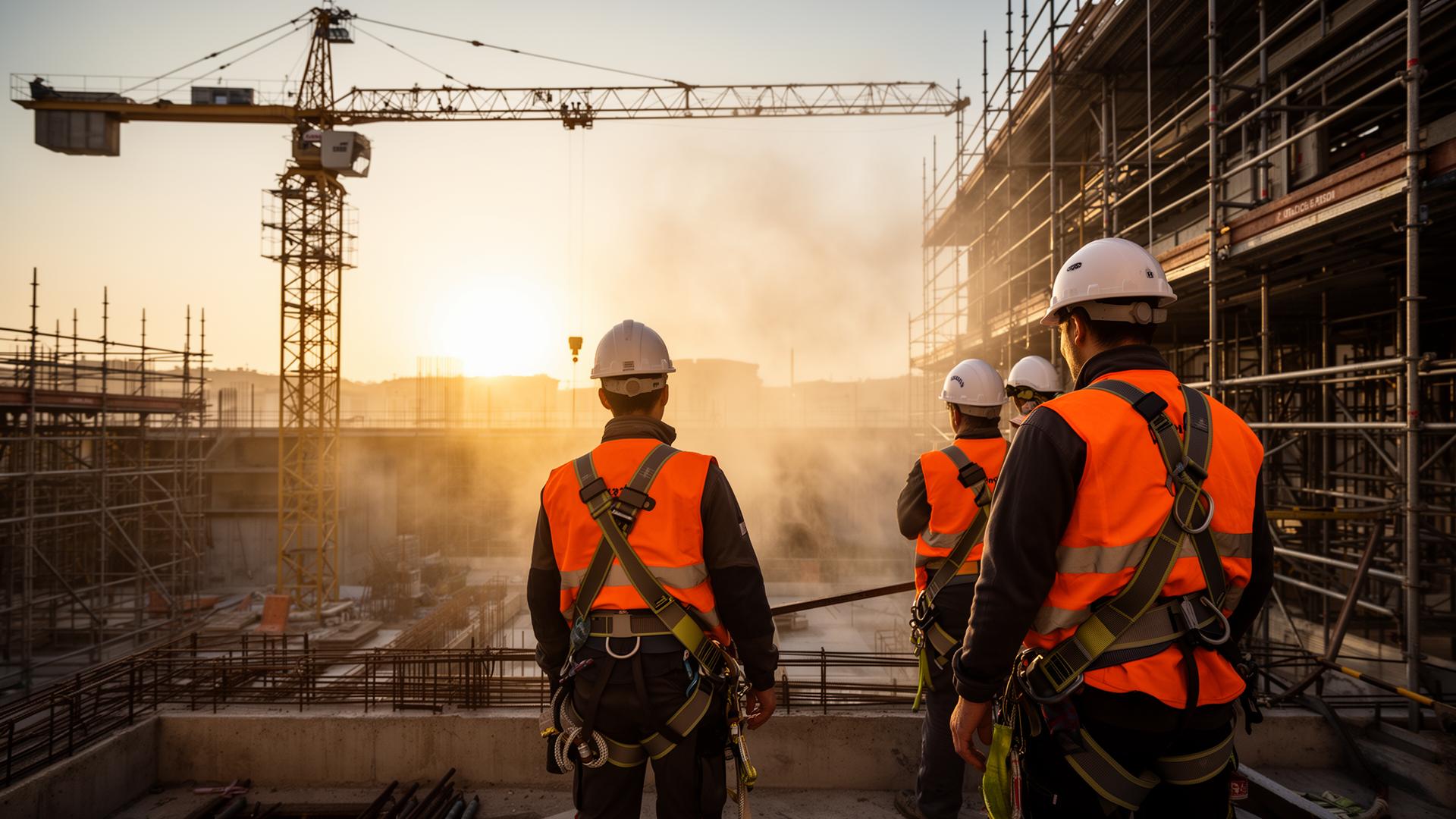 Cantiere monitorato con telecamere industriali al tramonto